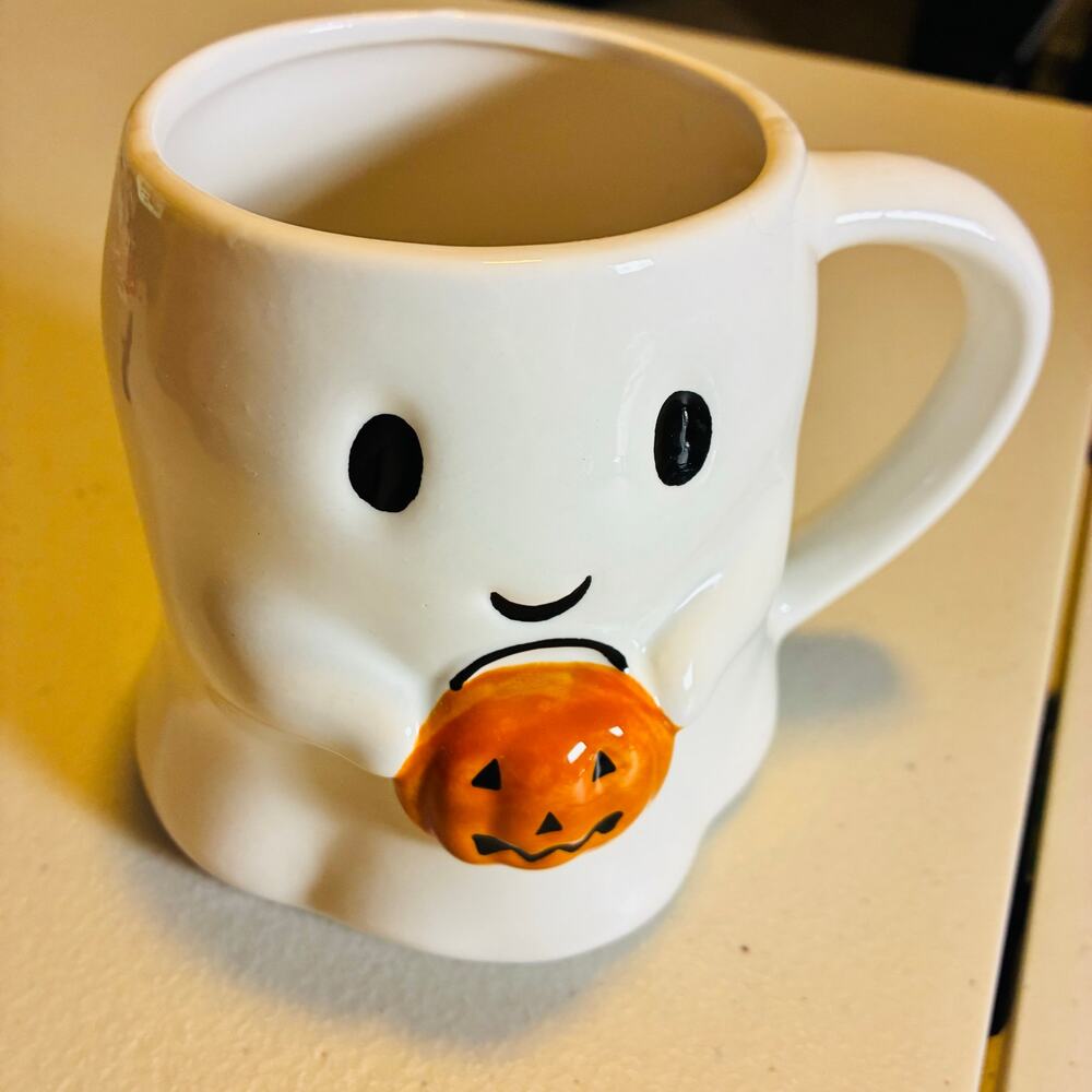 Cracker Barrel Halloween Ghost Mug Pumpkin Trick or Treat Stoneware Coffee Cup